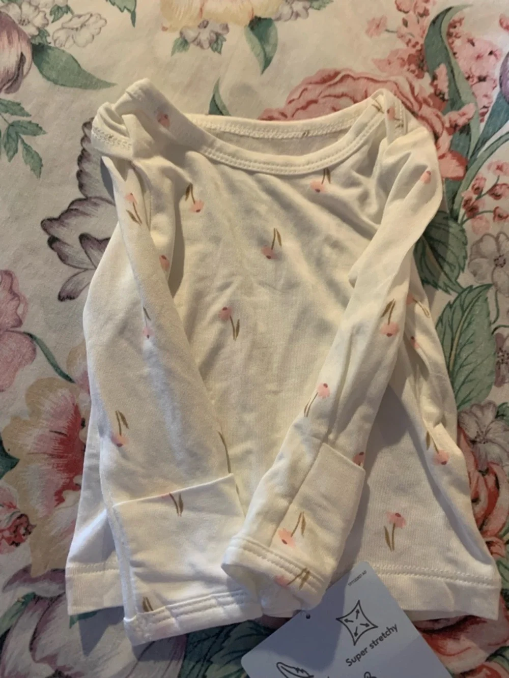 Carters White Long Sleeve Baby Top with Pink Floral Sprigs Newborn Size 0